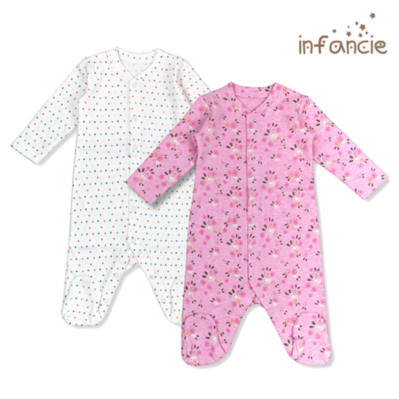 Infancie Newborn Baby Footed Babygrower Set of 2 Pcs (100% Cotton) White / Pink